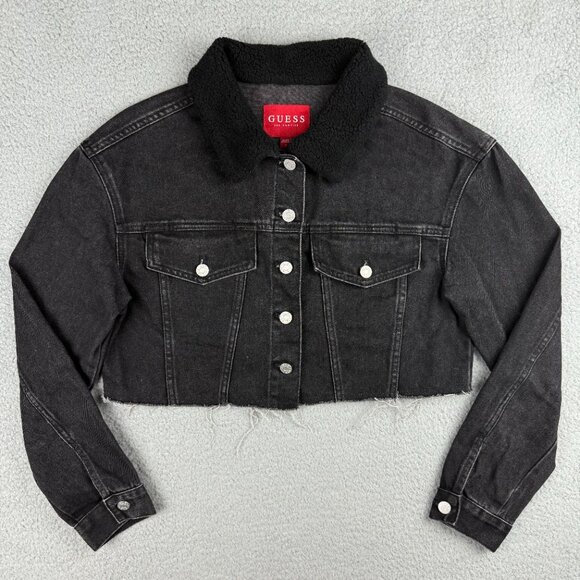 Guess Jacket Womens Small S Black Denim Colbie Sherpa Collar Cutoff Cropped Jean - Picture 1 of 10